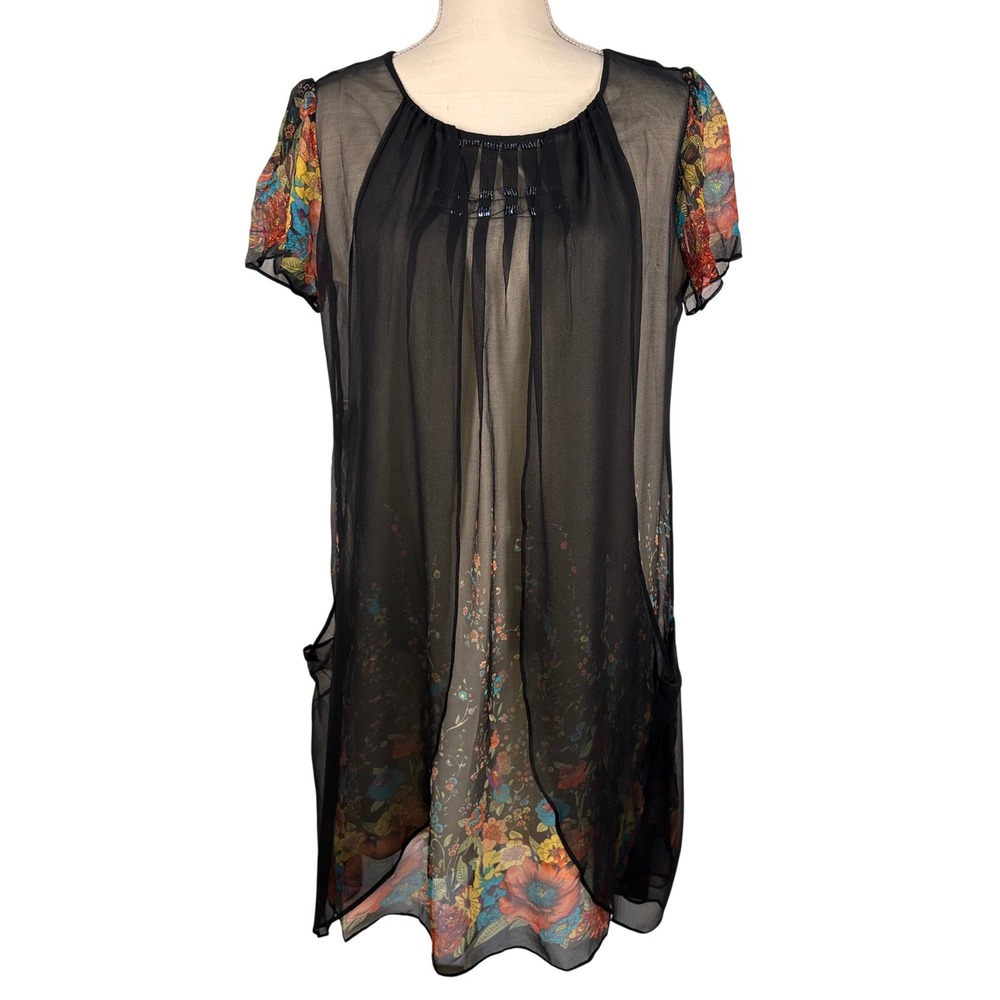 LESELE Black 100% Mulberry Silk Dress Beaded Floral Sheer Shift Dress Large